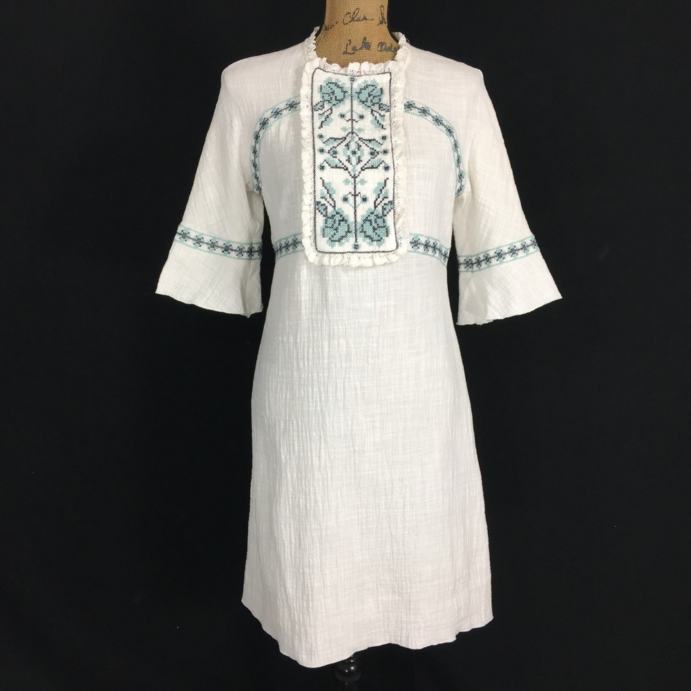 SOPHIE MAX Dress Jumper SMALL‎ White Lace Cross Stitch Yoke Waffle Bell Sl $148